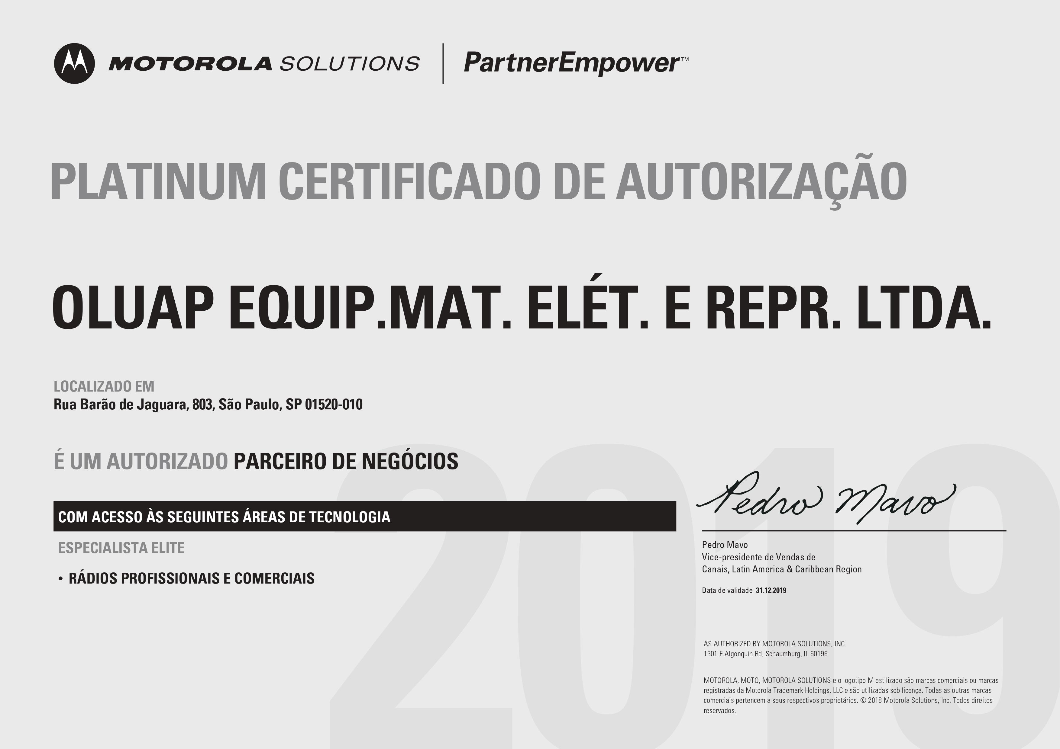 Certificado Revenda Platinum motorola 2019